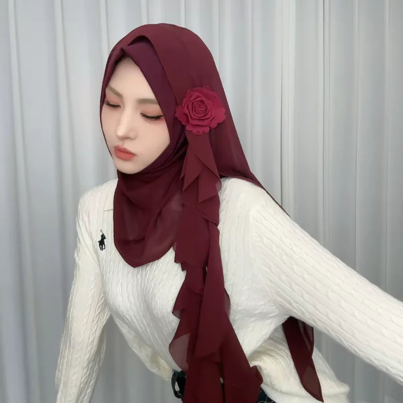 Rose Applique Design Chiffon Muslim Autumn New Female Wraps Hijab