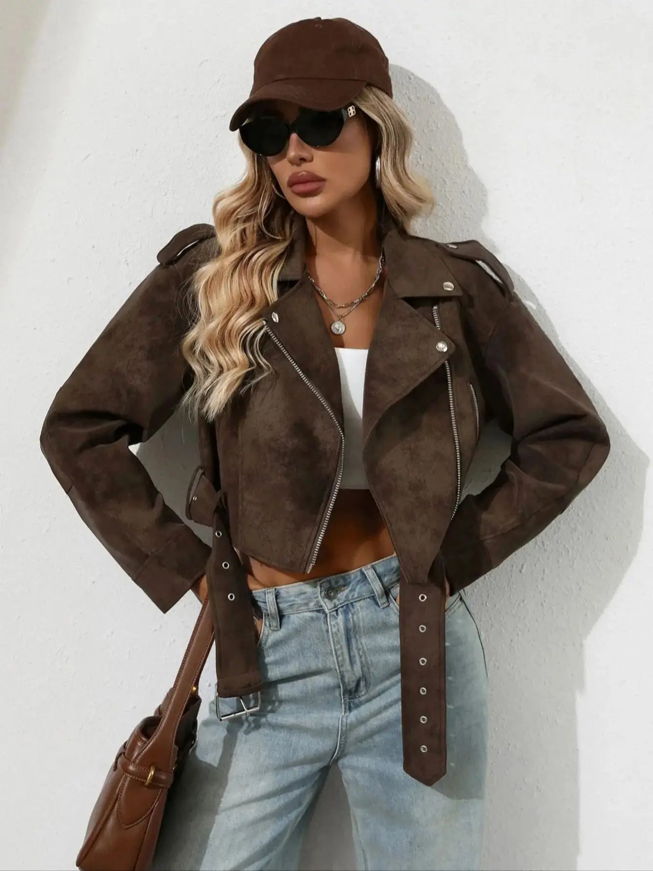 Women Faux Suede Leather Cropped Jacket Vegan Motor Biker Coat Bomber Causal Outwear with Belt