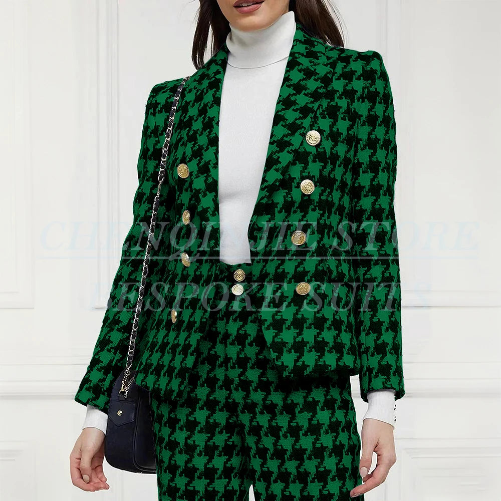 Luxury Double Breasted Women Suits Blazer Peak Lapel Houndstooth Outerwear Elegant Female 2 Piece Jacket Pants Sets Clothing