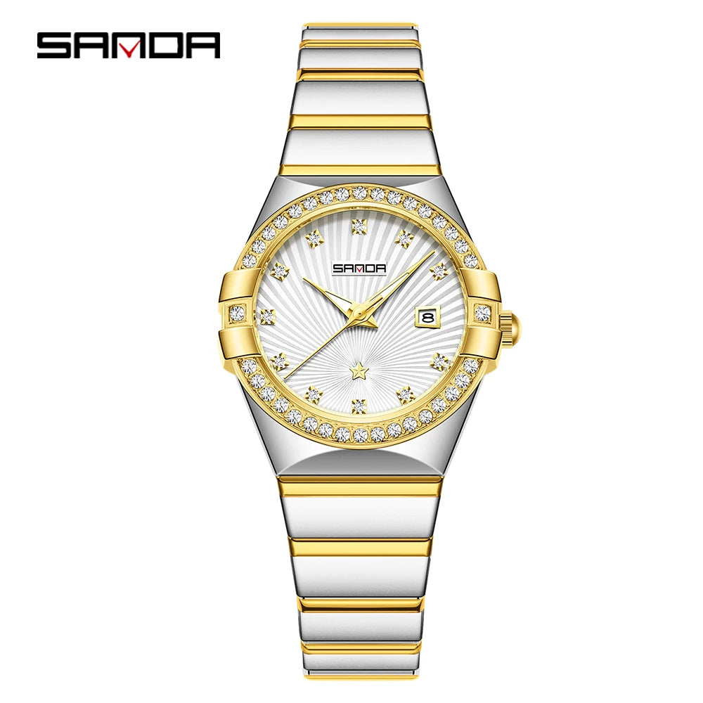 SANDA1147 Luxury Women's Quartz Watch with Mother of Bell Dial and Diamond studded Steel Strip 3ATM Waterproof Fashion Watch -1