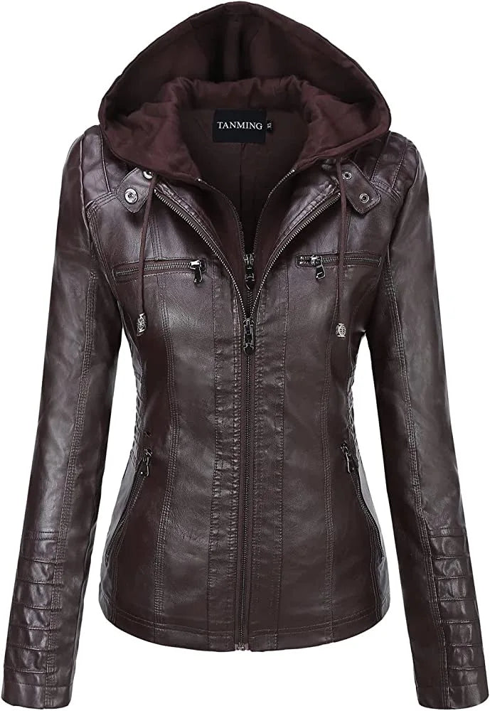 Hooded Leather Jacket Two-Piece Set Removable Large Size Leather Jacket for Women Spring & Fall Outwear for Women Pu Washed Leather
