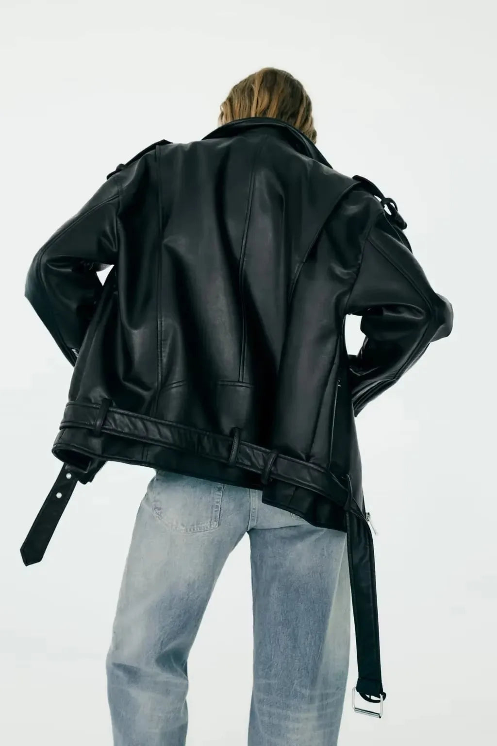 BBWM Pu Faux Leather Jacket with Belt Spring Autumn Female Zipper Coat Outwear Women's Loose Motorcycle Biker Black