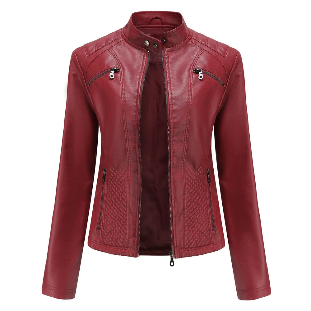 Spring New Casual Women Leather Jacket Stand Collar Slim Fit Short PU Leather Coat Solid Classic Female Outerwear