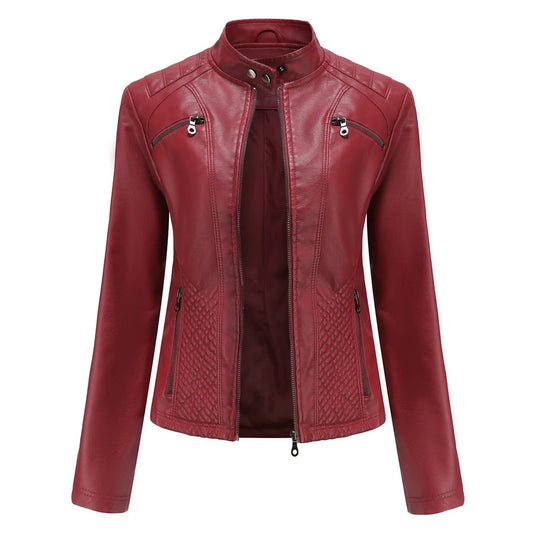 Spring New Casual Women Leather Jacket Stand Collar Slim Fit Short PU Leather Coat Solid Classic Female Outerwear