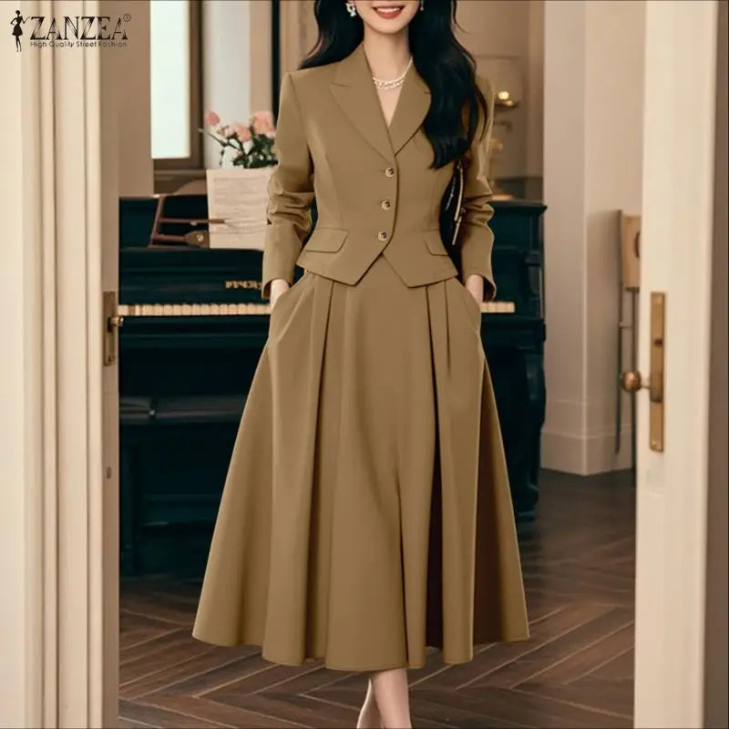 ZANZEA Elegant Women 2 Piece Skirt Suits Peak Lapel Long Sleeve Short Blazer and A-Line Midi Skirt 2pcs Sets 2026 Spring Outfits
