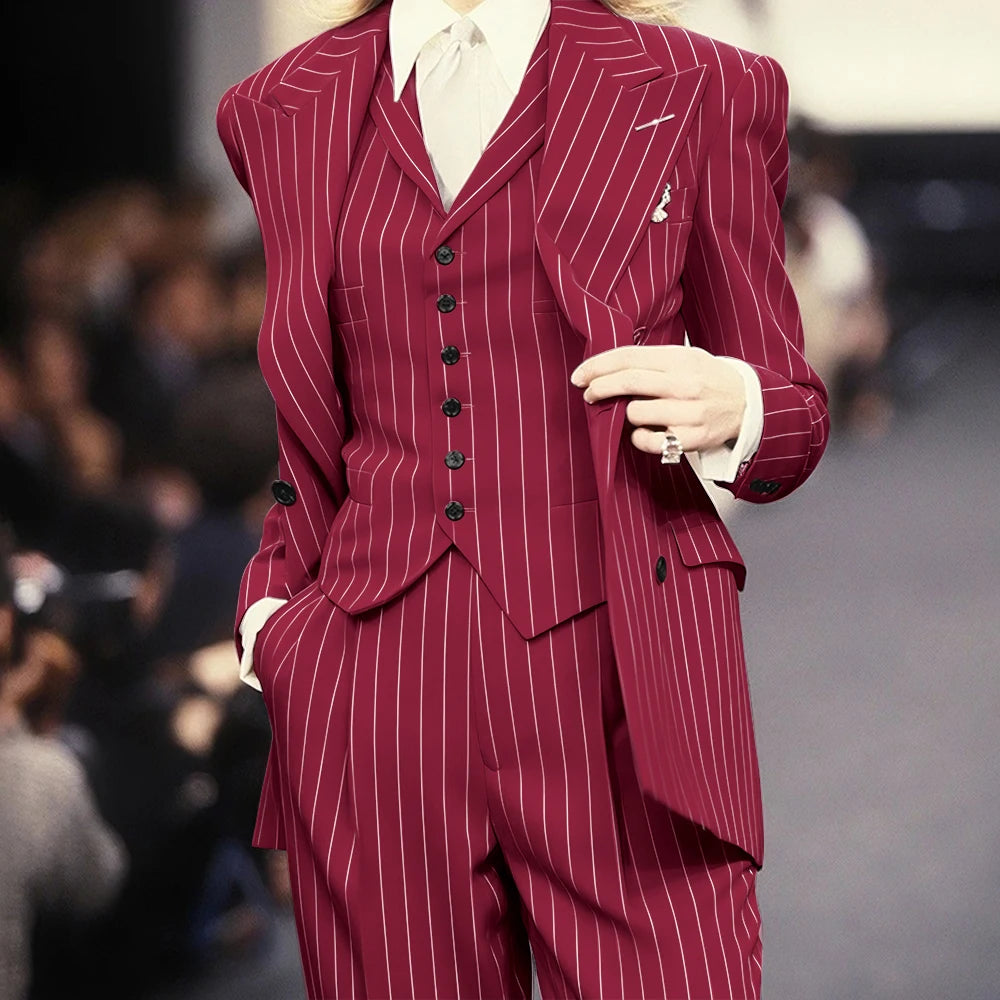 Trending 2025 Brown Striped Women Suit Formal Double-breasted Peaked Lapel 3Pieces (Jacket+Pants+Vest) Business Office Lady Set
