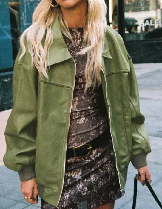 Women Pu Leather Biker Jacket Fashion Casual Long Sleeves Zip up Outwear Autumn Winter Oversized Jacket Coats Streetwear