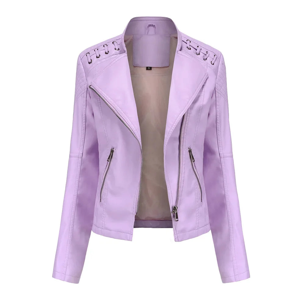 Spring Autumn Short Section Long Sleeve Zipper Jacket Slim Faux Leather Jacket Casual Solid Color Fashion Jacket Loose Outwear