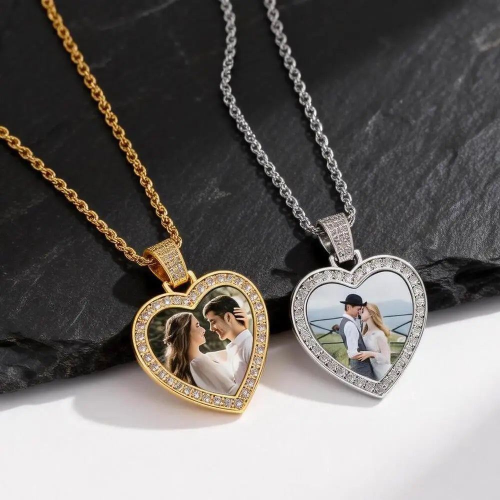 Custom Picture Necklace for Men Women,Hiphop Crystal Zircon Heart Shape Pendant Neckalce,Commemorative Jewelry Gift