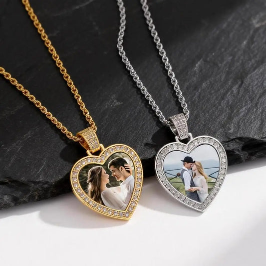 Custom Picture Necklace for Men Women,Hiphop Crystal Zircon Heart Shape Pendant Neckalce,Commemorative Jewelry Gift