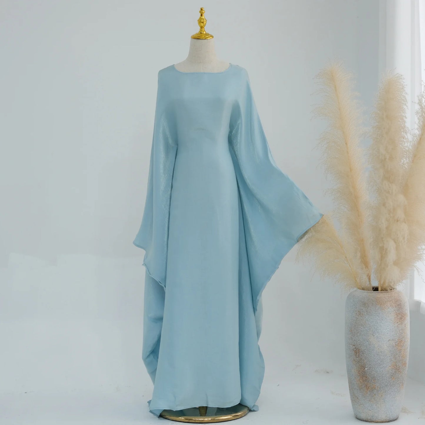 Ramadan Eid Evening Party Shiny Kaftan Dress for Women, Butterfly Sleeves Round Neck Muslim Women Abaya Dubai Islamic Clothing