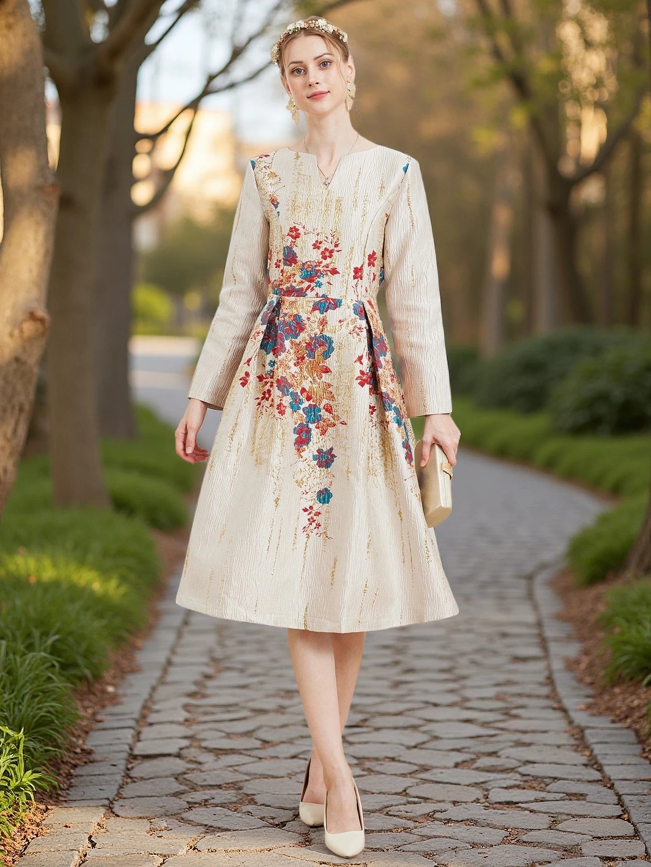 Floral Jacquard Evening Dress