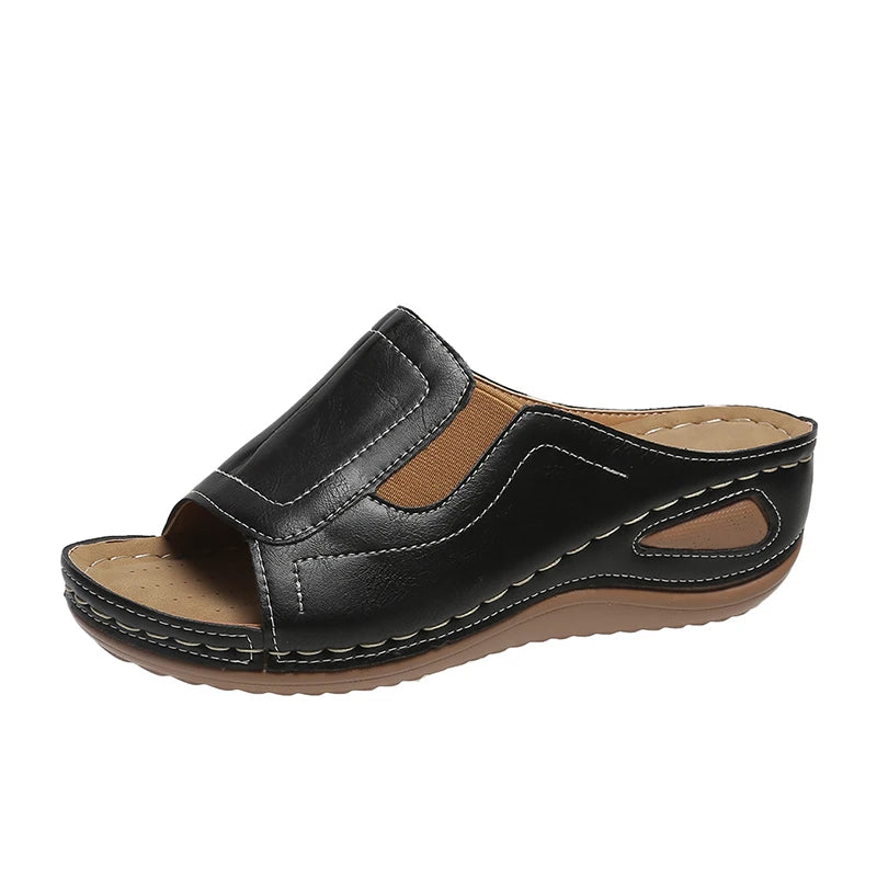 Summer Lightweight Non Slip Slippers Women's Retro Fashion Slope Heel Female Leather Comfortable Wear-Resisting Open Toe Sandals