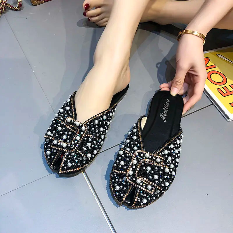 New Summer Women Crystal Slippers 2025 Girls Sweet Bows Bling Slippers Closed Toe Slip On Mules Shoes Casual Slides Flip Flop