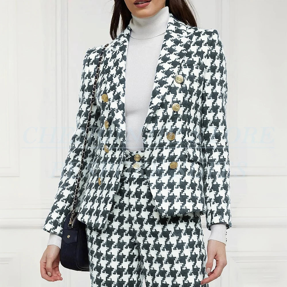 Luxury Double Breasted Women Suits Blazer Peak Lapel Houndstooth Outerwear Elegant Female 2 Piece Jacket Pants Sets Clothing