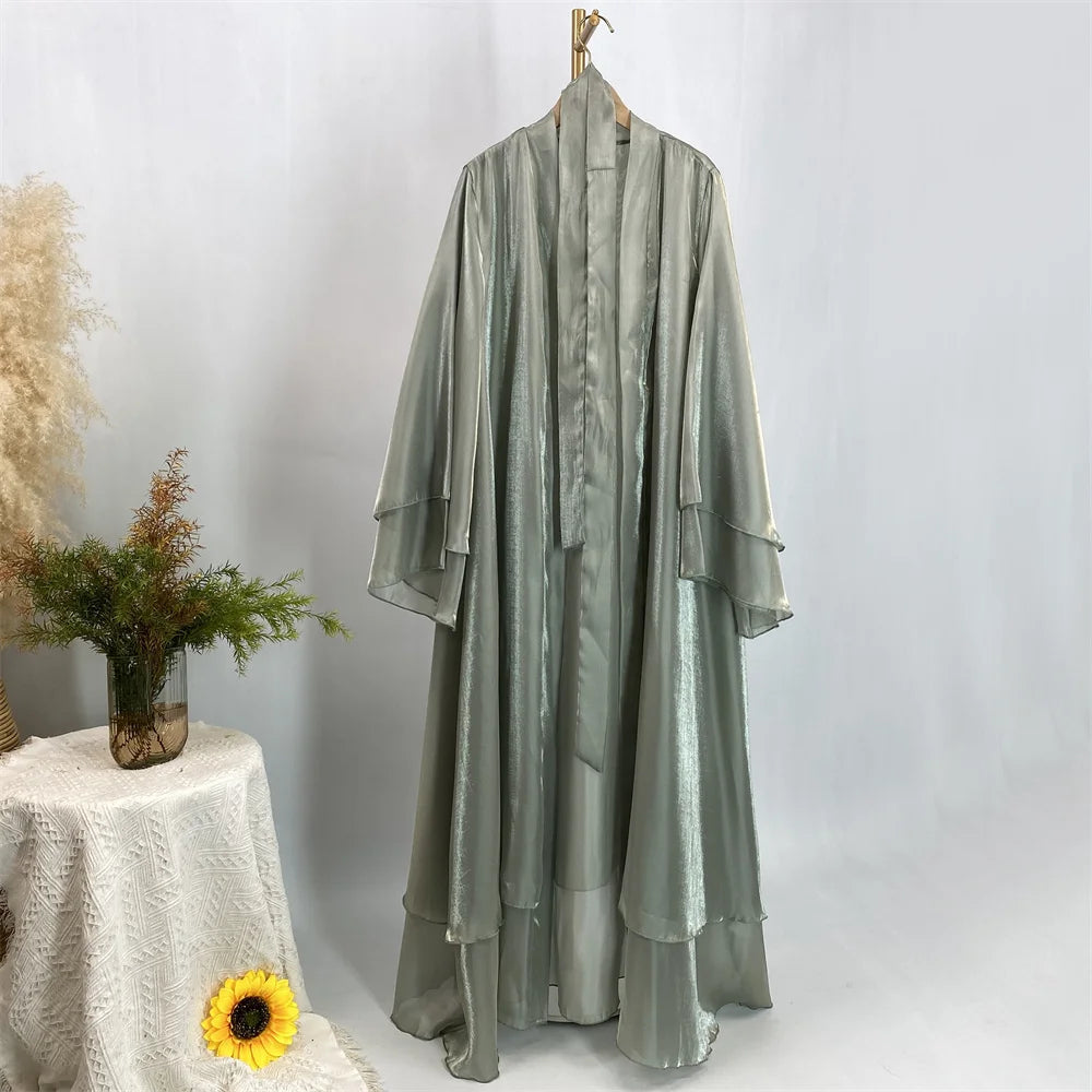 Muslim Women Clothing Abaya Dubai Luxury Shiny Silk Loose Sleeves Islam Modesty Robe Elegant Black Kaftan With Belt Kebaya
