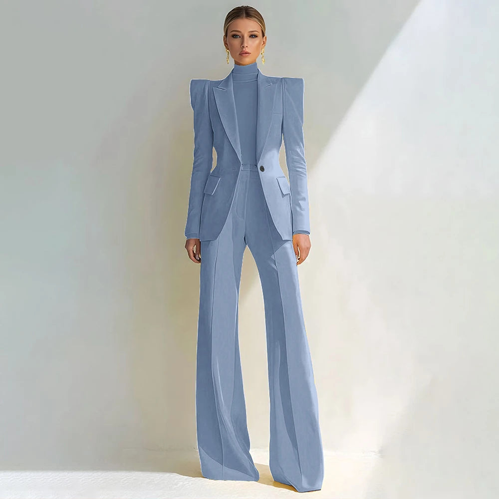 Professional Women's Red Suit Peaked Lapel Single Button Female Elegant Blazer and Flared Pants 2Piece Set Formal Office Wear