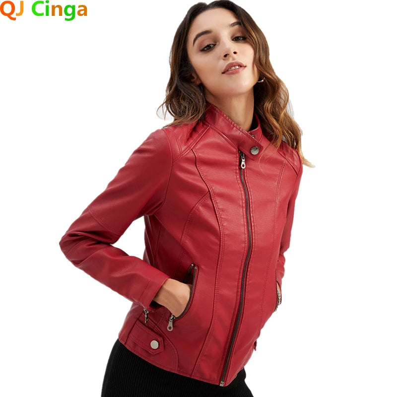 Women's Red PU Jacket, Vertical Collar Zipper Motorcycle Leather Coats,  Fashion Casual Coat Female Outerwear, Black Purple Top.