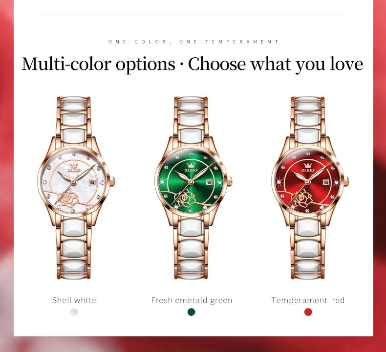 OLEVS 3606 Women's Watch Luxury Quartz Japanese Movement Watch Exquisite Rose Waterproof dial Elegant Ceramic Women's Watch