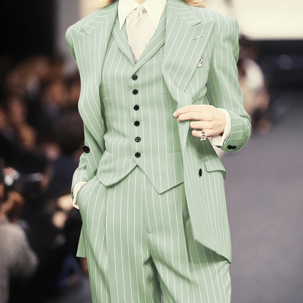 Trending 2025 Brown Striped Women Suit Formal Double-breasted Peaked Lapel 3Pieces (Jacket+Pants+Vest) Business Office Lady Set