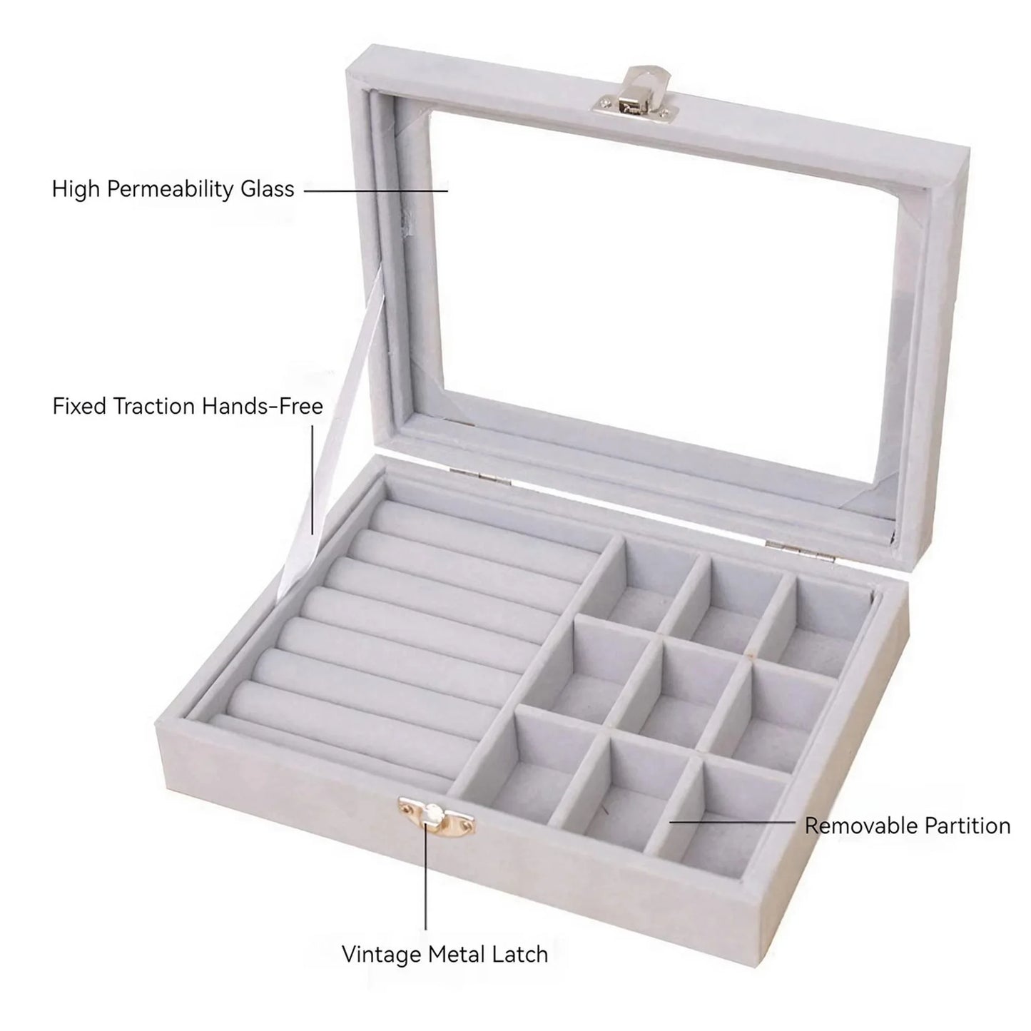 Velvet Jewelry Organizer Box with Clear Lid Dust-Proof Storage Tray for Rings Earrings Multi-Piece Display Holder