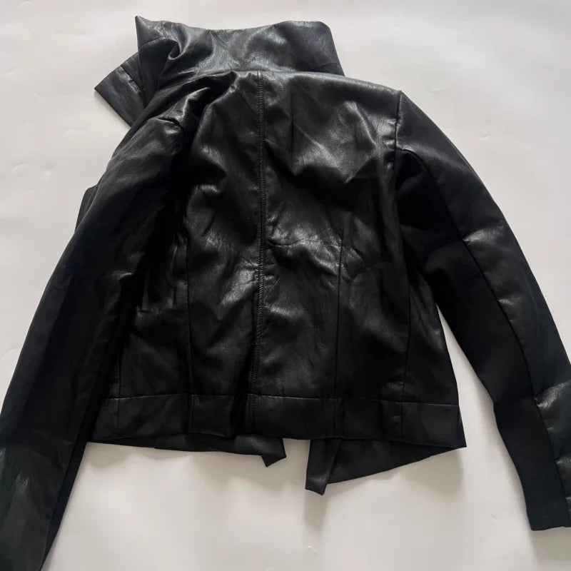 HKSH Spring Autumn New Women's Jacket PU Leather Asymmetric Zipper Pockets Slim Fit Motorcycle Dark Punk Short Coat Chic HK15980