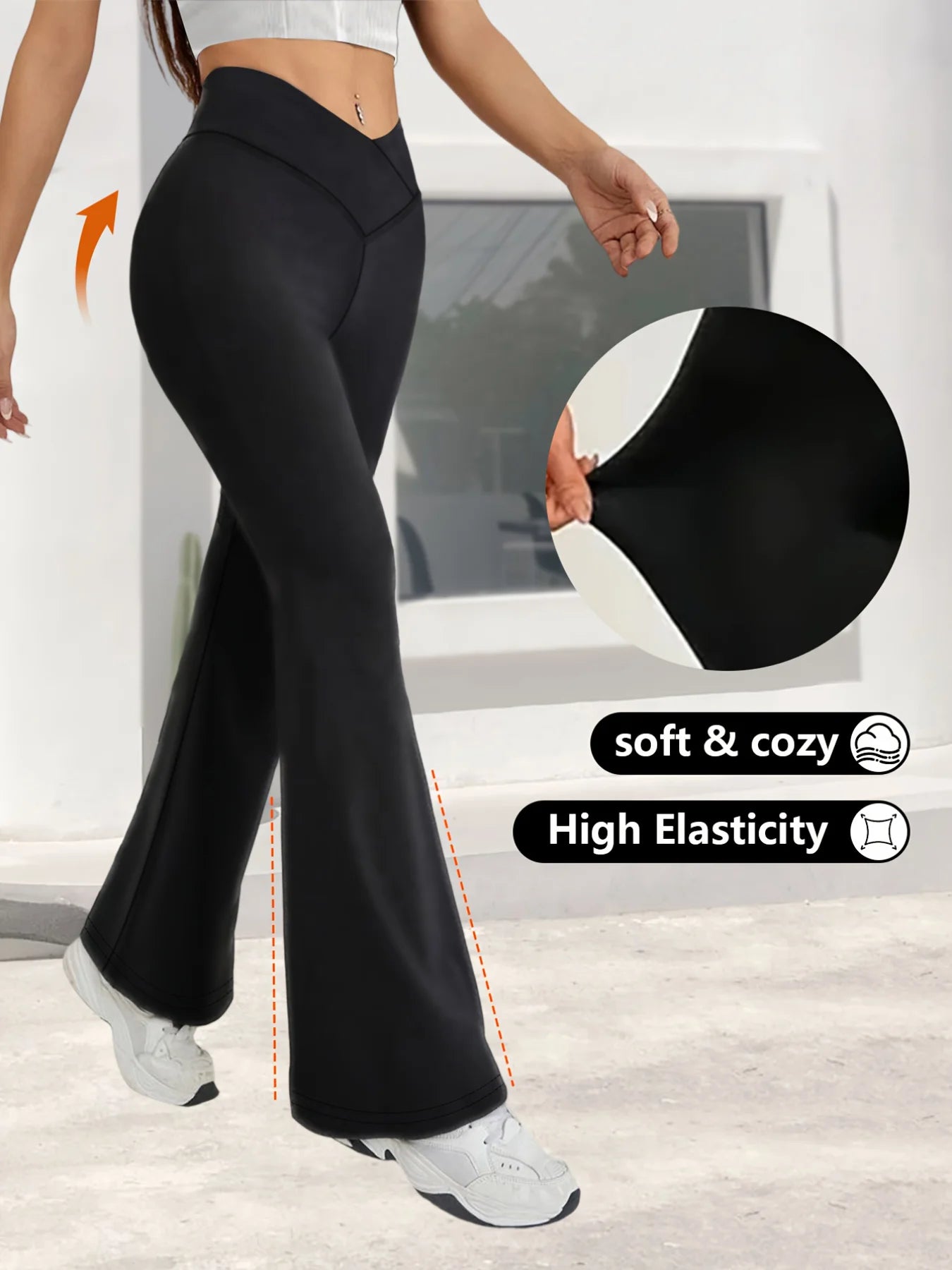 A Spring Black Leggings With High Waist Elasticity, Slightly Flared Hems, Cross Waist Design, Suitable For Casual Sports
