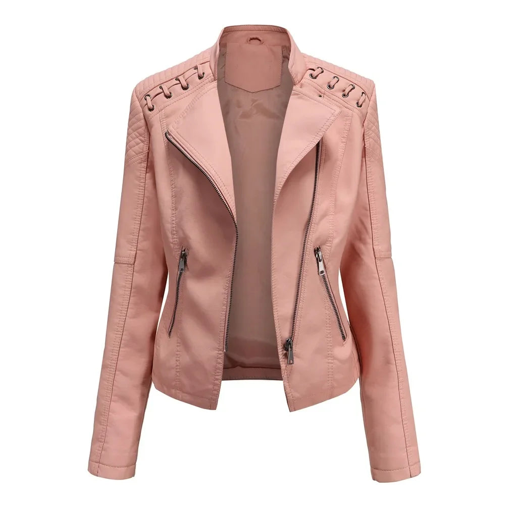 Spring Autumn Short Section Long Sleeve Zipper Jacket Slim Faux Leather Jacket Casual Solid Color Fashion Jacket Loose Outwear
