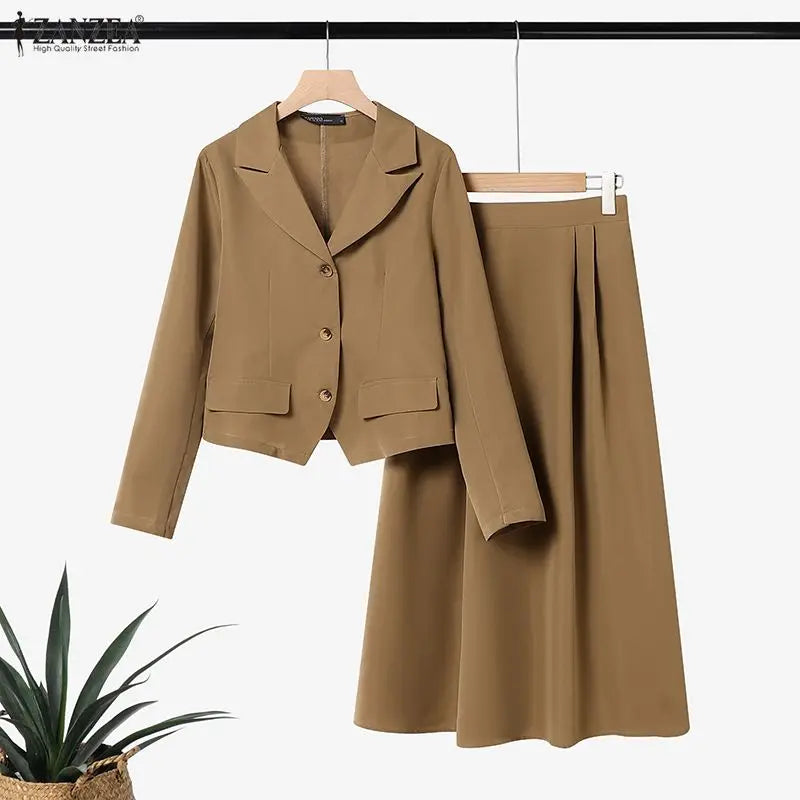 ZANZEA Elegant Women 2 Piece Skirt Suits Peak Lapel Long Sleeve Short Blazer and A-Line Midi Skirt 2pcs Sets 2026 Spring Outfits