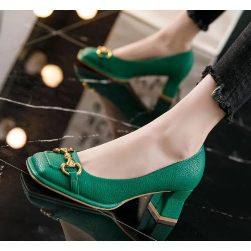 Women's Mid-heel Pumps 2025 Summer French Style Back Empty Female Thick Heel Square Toe Mary Jane Shoes Black Green Talon Femme