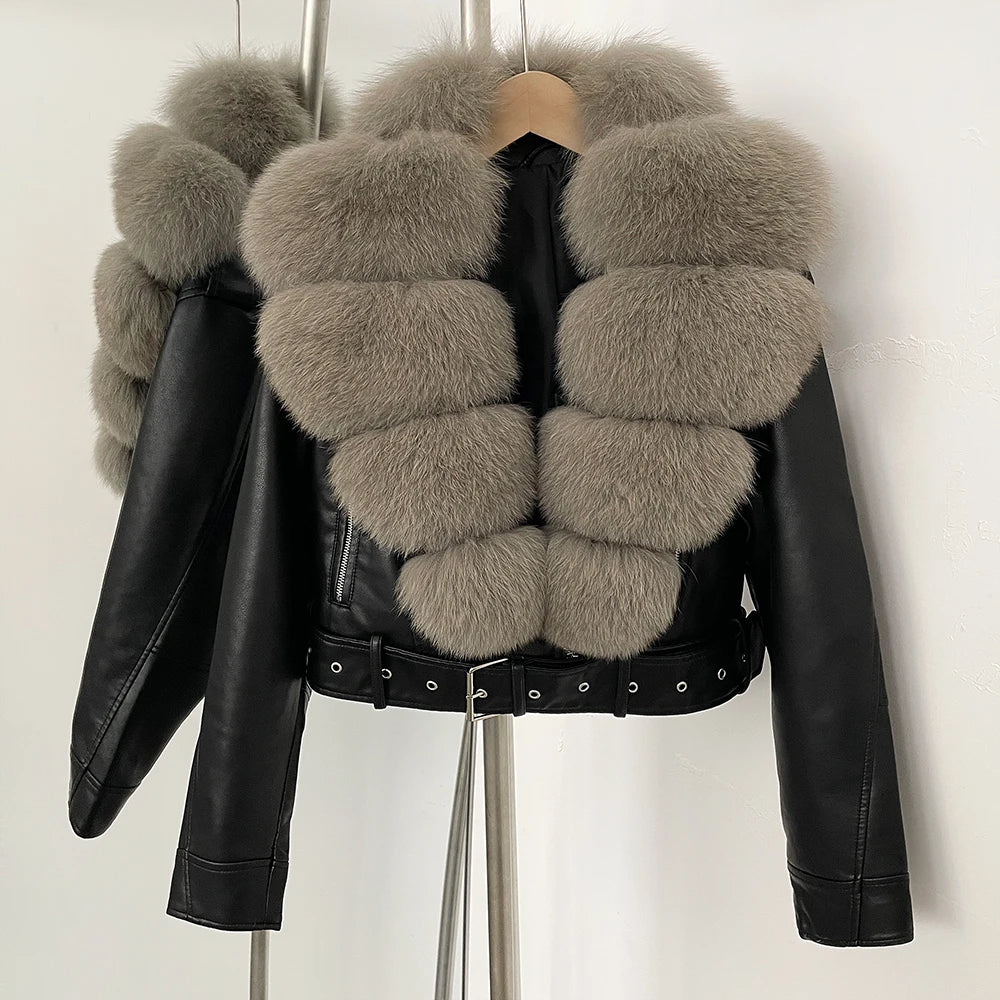 Natural Fox Fur Real Fur Coat Faux PU Leather Jacket Female New Autumn Short Top Clothing Women Long Sleeve Fake Leather Coat