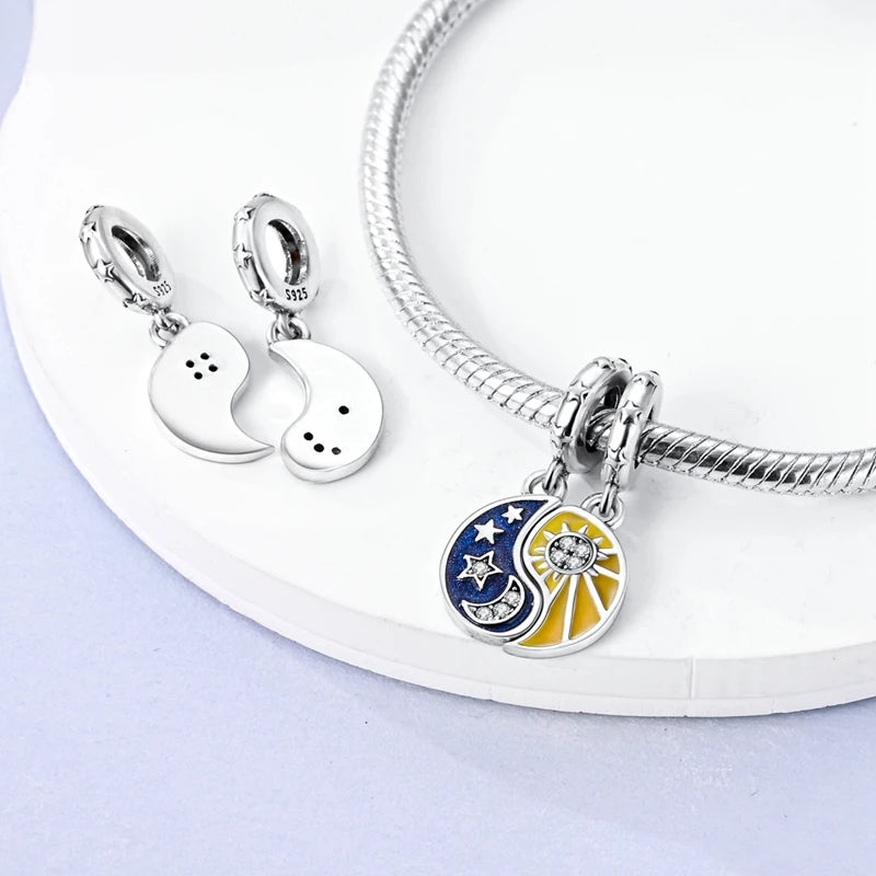 925 Sterling Silver Charm Pendant Star Moon Sun Starry Sky Beaded Charm Fit Original Bracelet DIY Fine Jewelry Making For Women