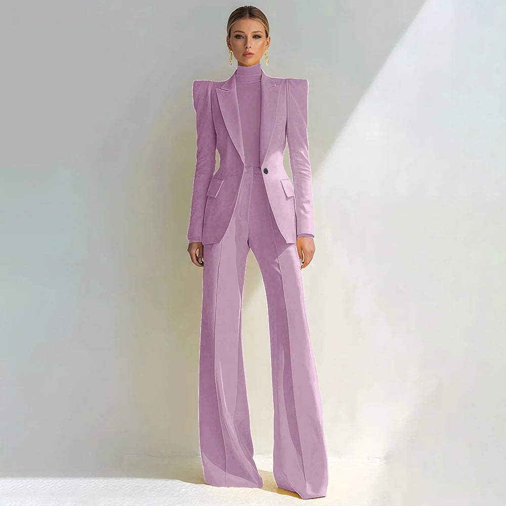Professional Women's Red Suit Peaked Lapel Single Button Female Elegant Blazer and Flared Pants 2Piece Set Formal Office Wear