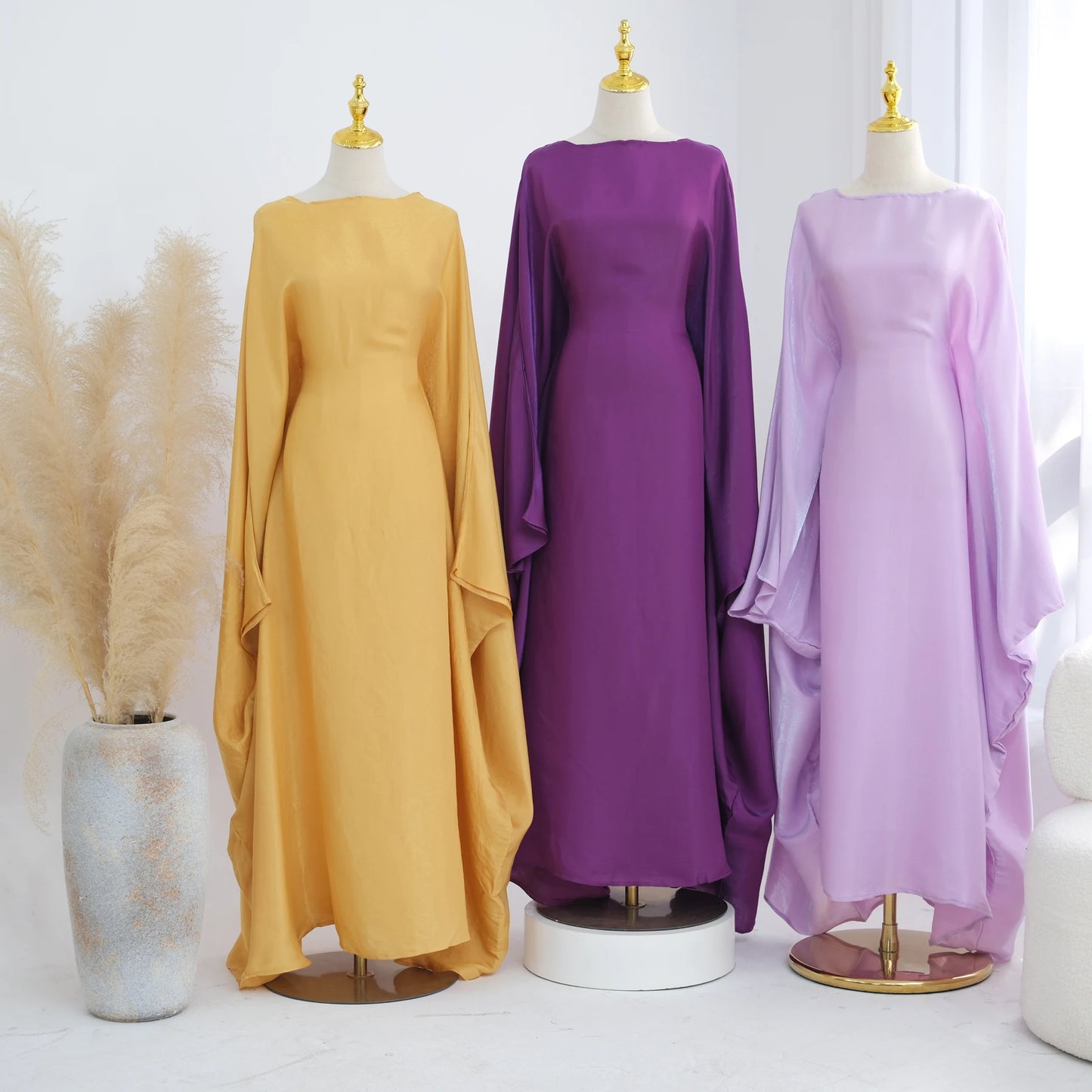 Ramadan Eid Evening Party Shiny Kaftan Dress for Women, Butterfly Sleeves Round Neck Muslim Women Abaya Dubai Islamic Clothing