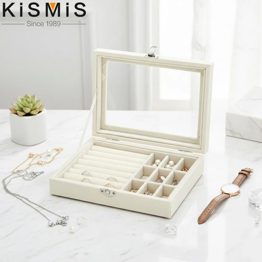 Velvet Jewelry Organizer Box with Clear Lid Dust-Proof Storage Tray for Rings Earrings Multi-Piece Display Holder