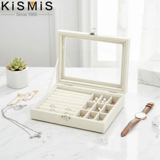 Velvet Jewelry Organizer Box with Clear Lid Dust-Proof Storage Tray for Rings Earrings Multi-Piece Display Holder