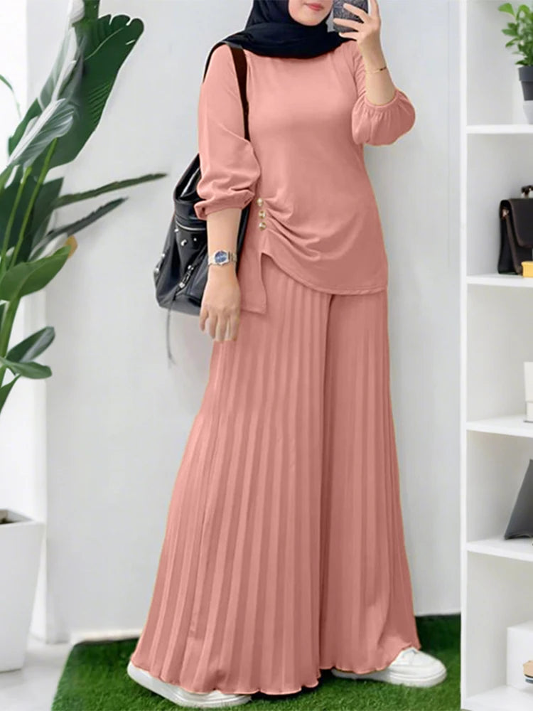 ZANZEA Women 2025 Autumn Matching Sets Casual Long Sleeve Tops Trousers Suit Muslim Outfits 2 Pieces Sets Solid Loose Tracksuit