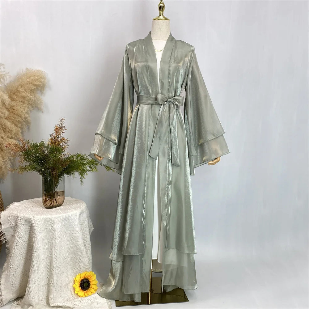 Muslim Women Clothing Abaya Dubai Luxury Shiny Silk Loose Sleeves Islam Modesty Robe Elegant Black Kaftan With Belt Kebaya