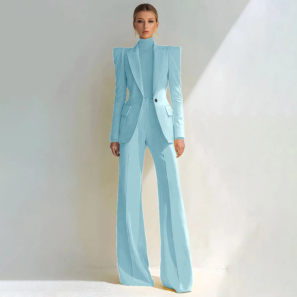 Professional Women's Red Suit Peaked Lapel Single Button Female Elegant Blazer and Flared Pants 2Piece Set Formal Office Wear
