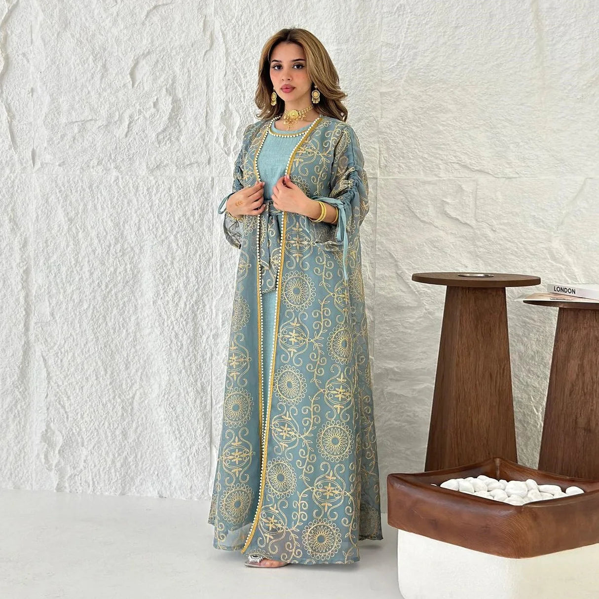 Jalabiya Muslim Dress Middle East Woman Robe Two-piece Set Saudi Arabia Dubai Abaya  Evening Dresses Real Picture