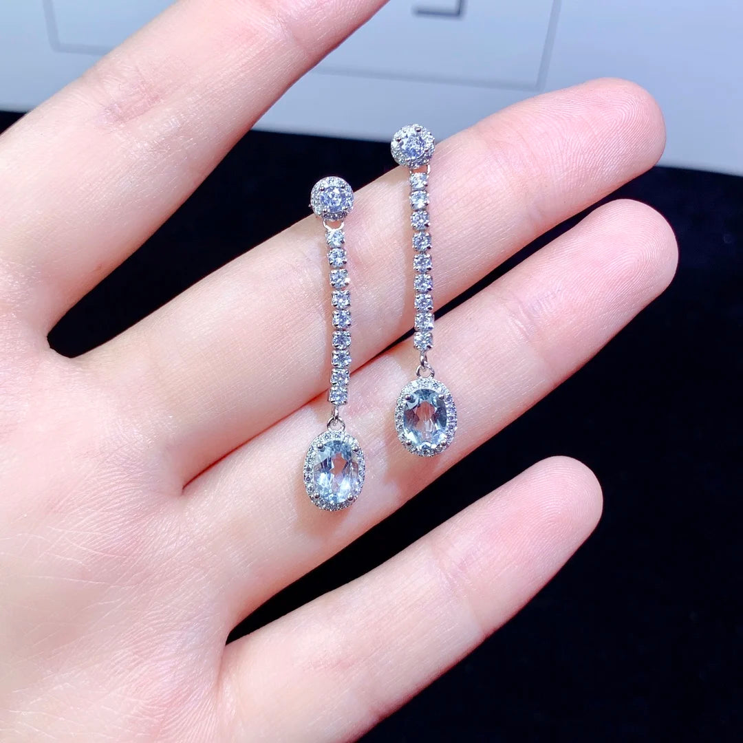 Natural Aquamarine Earrings Women's Silver 925 earrings Wedding Gems Free Shipping Earrings Sterling Certified Jewelry
