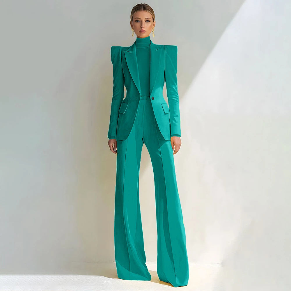 Professional Women's Red Suit Peaked Lapel Single Button Female Elegant Blazer and Flared Pants 2Piece Set Formal Office Wear