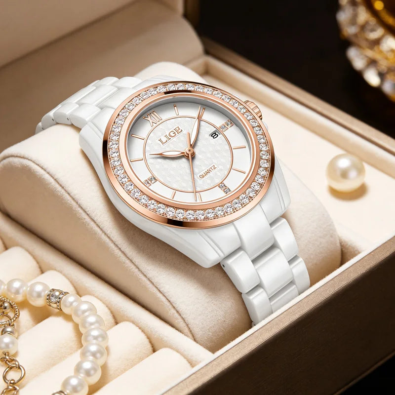 LIGE Luxury Woman Watch Waterproof Fashion Quartz Ladies Wristwatch Date Week Full Ceramic Women's Watches Relojs+GIFT Box