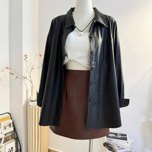 Retro black washed leather shirt jacket for women's 2024 autumn and winter design, loose Hong Kong style casual temperament top
