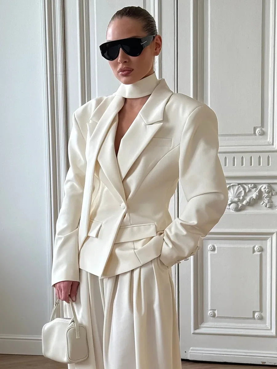 Wolfeel Women's Belted Neckline Tie Blazer Autumn Winter New Structured Shoulders Short Jacket Elegant Office Commuting Suits