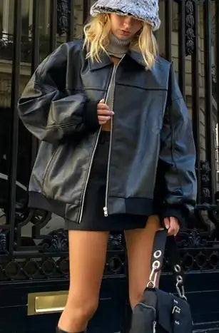 Women Pu Leather Biker Jacket Fashion Casual Long Sleeves Zip up Outwear Autumn Winter Oversized Jacket Coats Streetwear
