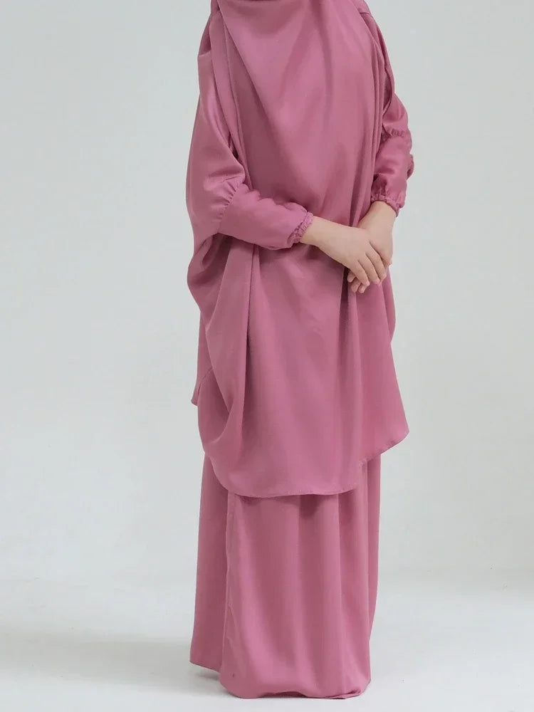 Eid Muslim Long Khimar Dress Kids Girls Abaya Long Khimar Set Prayer Garment Ramadan Dresses 2 Piece Jubha Robe Caftan Jilbab