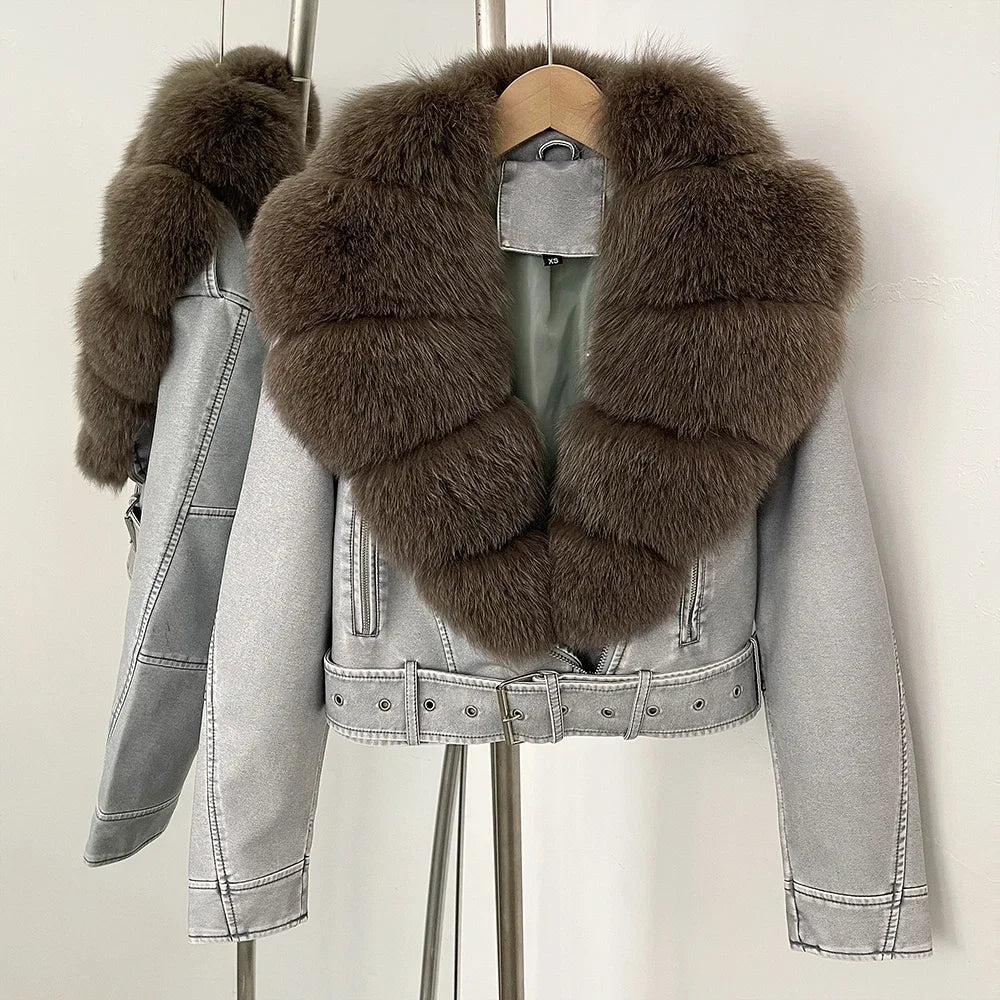 Natural Fox Fur Real Fur Coat Faux PU Leather Jacket Female New Autumn Short Top Clothing Women Long Sleeve Fake Leather Coat