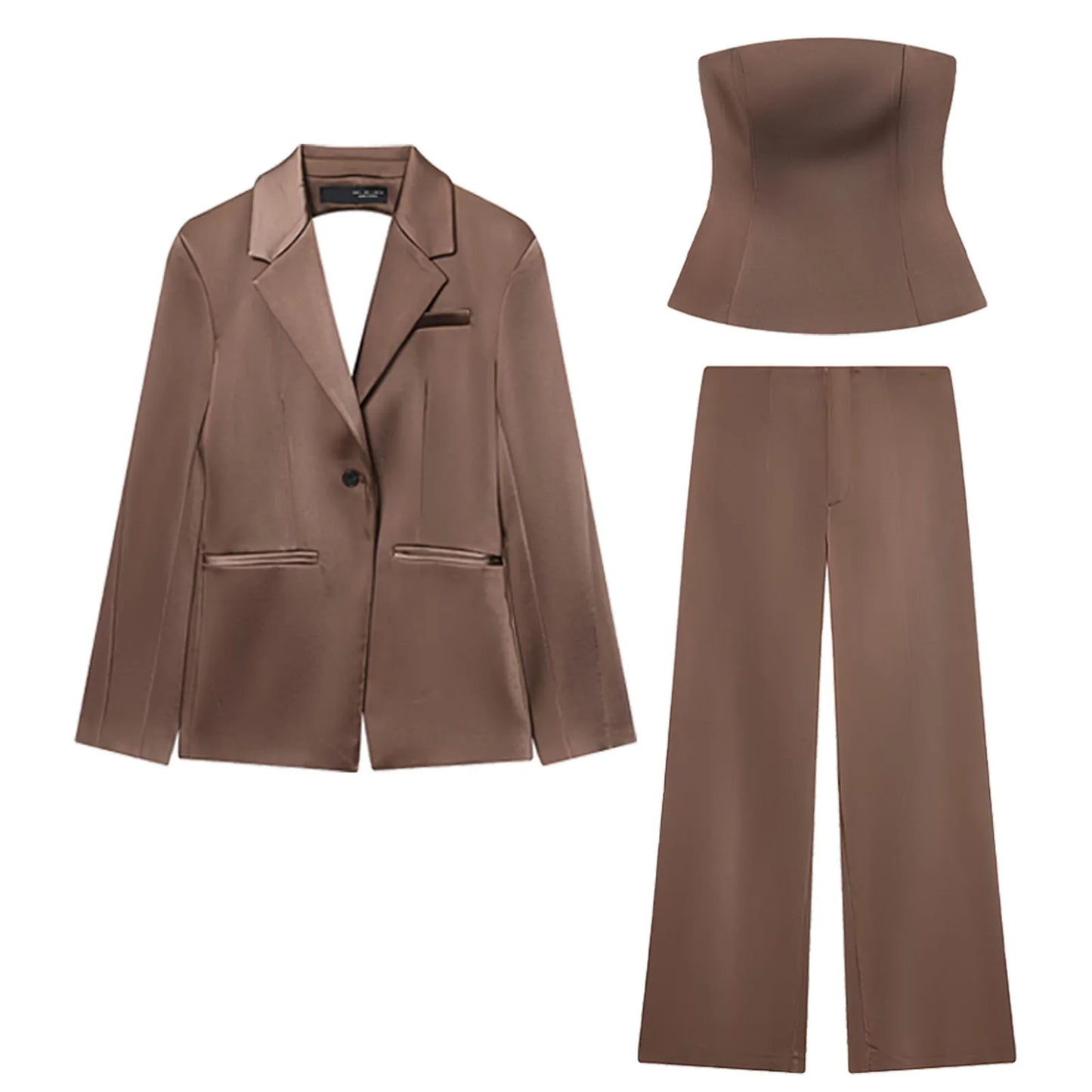 HH Women Spring Suits Solid Hollow Out Backless Blazers+Strapless Zipper Short Tops+High Waist Trousers Female High Street Sets