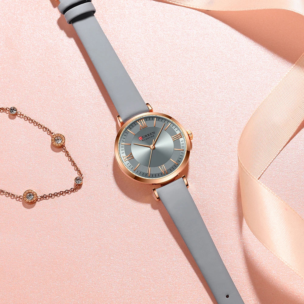 CURREN Luxury Women's Watch Stylish Leather Strap  Quartz Movement Casual Elegant Ladies Wristwatch Fashionable Design with Box